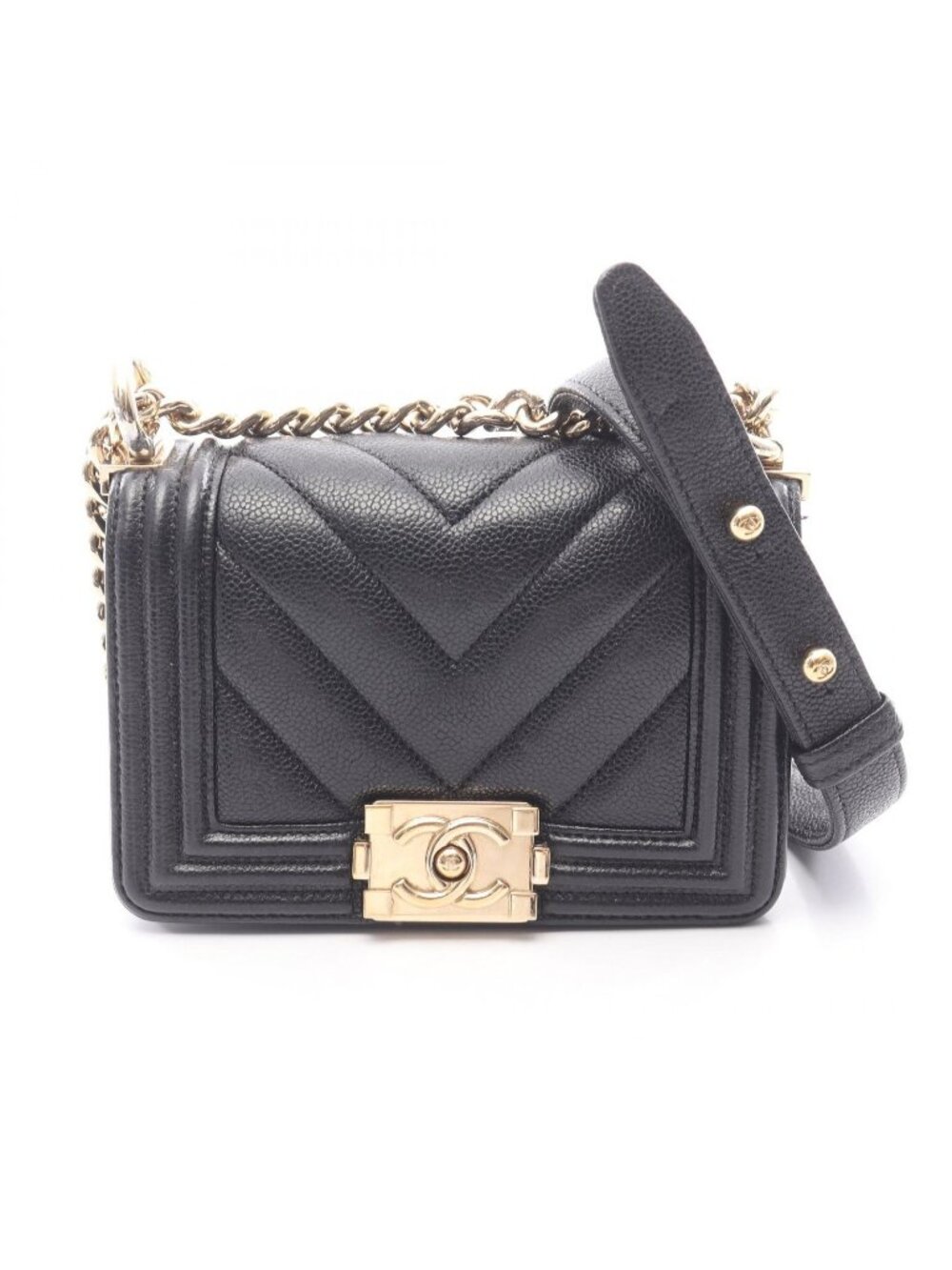 Chanel Shoulder Bag Mini Chevron Stitch Black Caviar Leather Chain